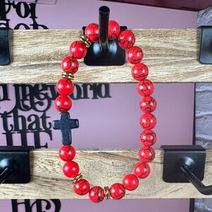 Red Beaded Bracelet with Black Cross